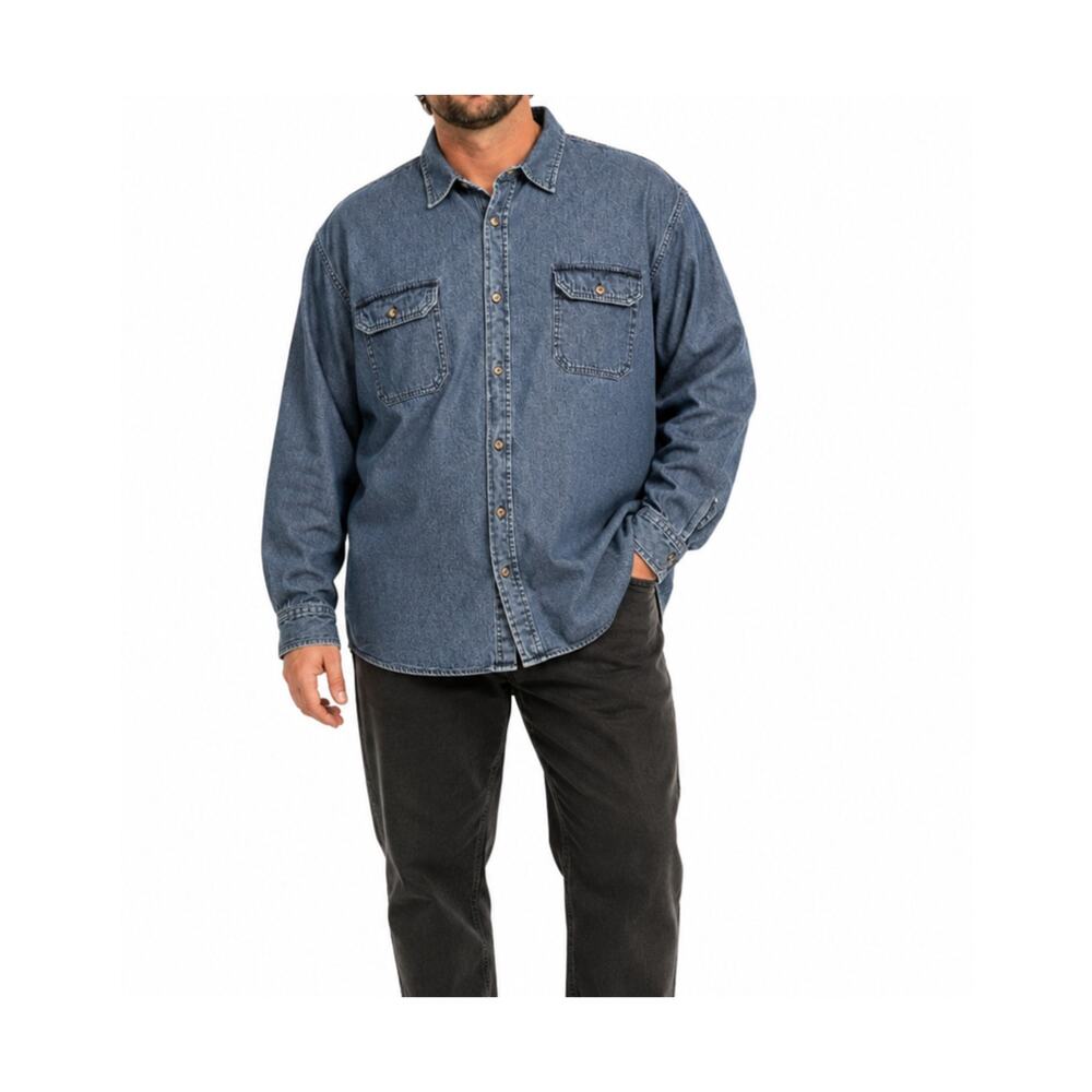 Wrangler Mens Denim Shirt Blue Cotton Long Sleeve Button Up Rugged Y2K Size 2XT